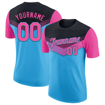 Custom Black Pink-Sky Blue Geometric V-Lines Color Block Performance T-Shirt