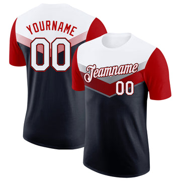 Custom White Black-Red Geometric V-Lines Color Block Performance T-Shirt