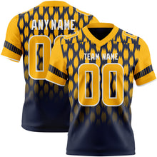 Charger l'image dans la galerie, Custom Navy Gold-White Authentic Geometric Pixel Grid Fade Football Jersey
