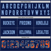 Load image into Gallery viewer, Custom Navy Camo Light Blue-Orange Authentic Digital Camouflage Panel Football Jersey
