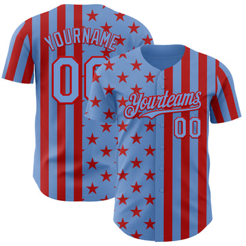 Custom Powder Blue-Red USA Flag Patriotic Split Stars and Stripes Authentic Baseball Jersey