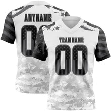 Charger l'image dans la galerie, Custom White USA Flag Camo Steel Gray-Black Authentic Gradient Digital Camouflage Stars &amp; Stripes Raglan Sleeves Football Jersey
