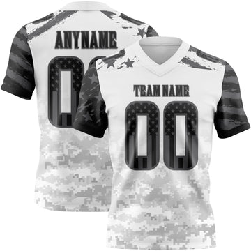 Custom White USA Flag Camo Steel Gray-Black Authentic Gradient Digital Camouflage Stars & Stripes Raglan Sleeves Football Jersey