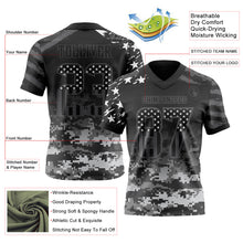 Load image into Gallery viewer, Custom Black USA Flag Camo-Steel Gray Authentic Gradient Digital Camouflage Stars &amp; Stripes Raglan Sleeves Football Jersey
