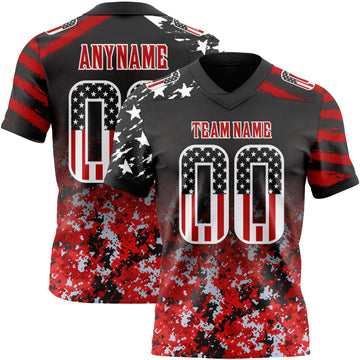 Custom Black USA Flag Camo White-Red Authentic Gradient Digital Camouflage Stars & Stripes Raglan Sleeves Football Jersey