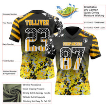 Laden Sie das Bild in den Galerie-Viewer, Custom Black USA Flag Camo White-Gold Authentic Gradient Digital Camouflage Stars &amp; Stripes Raglan Sleeves Football Jersey
