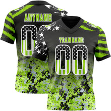 Laden Sie das Bild in den Galerie-Viewer, Custom Black USA Flag Camo White-Neon Green Authentic Gradient Digital Camouflage Stars &amp; Stripes Raglan Sleeves Football Jersey
