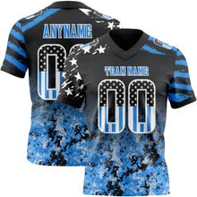 Load image into Gallery viewer, Custom Black USA Flag Camo White-Powder Blue Authentic Gradient Digital Camouflage Stars &amp; Stripes Raglan Sleeves Football Jersey
