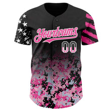 Charger l'image dans la galerie, Custom Black USA Flag Camo White-Pink Gradient Digital Camouflage Stars &amp; Stripes Two Tone Authentic Baseball Jersey
