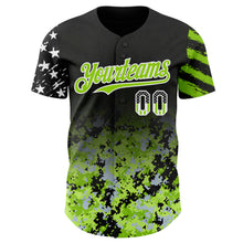 Laden Sie das Bild in den Galerie-Viewer, Custom Black USA Flag Camo White-Neon Green Gradient Digital Camouflage Stars &amp; Stripes Two Tone Authentic Baseball Jersey
