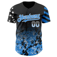 Laden Sie das Bild in den Galerie-Viewer, Custom Black USA Flag Camo White-Electric Blue Gradient Digital Camouflage Stars &amp; Stripes Two Tone Authentic Baseball Jersey
