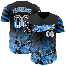 Laden Sie das Bild in den Galerie-Viewer, Custom Black USA Flag Camo White-Electric Blue Gradient Digital Camouflage Stars &amp; Stripes Two Tone Authentic Baseball Jersey
