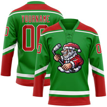Charger l'image dans la galerie, Custom Grass Green Red-White Christmas Santa Claus 3D Hockey Lace Neck Jersey
