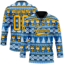 Charger l'image dans la galerie, Custom Light Blue Gold-Black Christmas Tree And Tiger 3D Hockey Lace Neck Jersey
