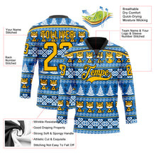 Charger l'image dans la galerie, Custom Light Blue Gold-Black Christmas Tree And Tiger 3D Hockey Lace Neck Jersey
