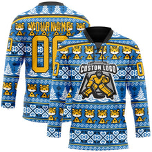 Charger l'image dans la galerie, Custom Light Blue Gold-Black Christmas Tree And Tiger 3D Hockey Lace Neck Jersey
