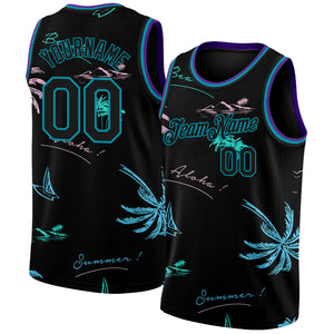 Custom Black Teal 3D Pattern Tropical Hawaii Palm Trees Authentic Basketball Jersey
