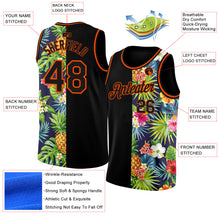 Laden Sie das Bild in den Galerie-Viewer, Custom Black Orange 3D Pattern Tropical Pineapples Hawaii Palm Leaves And Flowers Authentic Basketball Jersey
