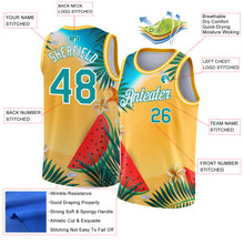 Laden Sie das Bild in den Galerie-Viewer, Custom Gold Teal-White 3D Pattern Tropical Beach Hawaii Palm Trees Authentic Basketball Jersey
