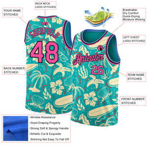 Custom Aqua Pink-Black 3D Pattern Tropical Hawaii Trees Authentic Basketball Jersey