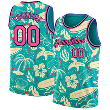 Laden Sie das Bild in den Galerie-Viewer, Custom Aqua Pink-Black 3D Pattern Tropical Hawaii Trees Authentic Basketball Jersey
