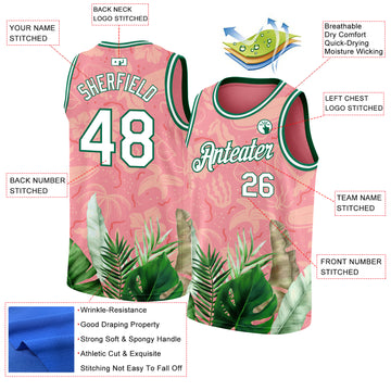 Custom Medium Pink White-Kelly Green 3D Pattern Tropical Hawaii Leaves Authentic Basketball Jersey