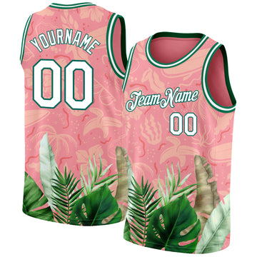 Custom Medium Pink White-Kelly Green 3D Pattern Tropical Hawaii Leaves Authentic Basketball Jersey