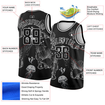 Custom Black White 3D Pattern Design Jellyfishes And Seashells Authentic Basketball Jersey