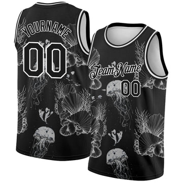 Custom Black White 3D Pattern Design Jellyfishes And Seashells Authentic Basketball Jersey