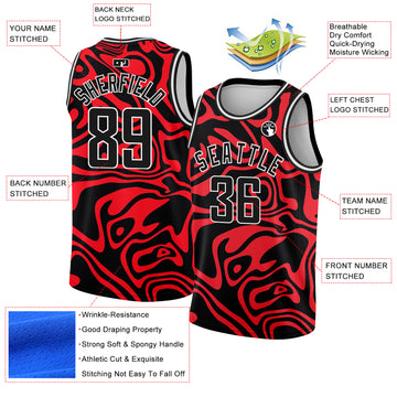 Custom Red Black-White 3D Pattern Design Abstract Psychedelic Liquid Wave Authentic Basketball Jersey