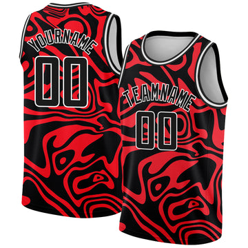 Custom Red Black-White 3D Pattern Design Abstract Psychedelic Liquid Wave Authentic Basketball Jersey