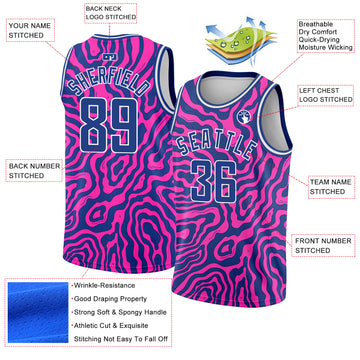 Custom Deep Pink Royal-White 3D Pattern Design Abstract Psychedelic Liquid Wave Authentic Basketball Jersey