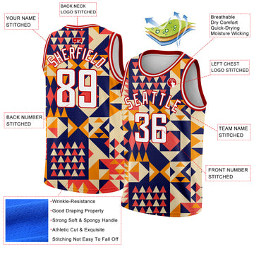 Custom Navy White-Red 3D Pattern Design Geometric Shapes Authentic Basketball Jersey
