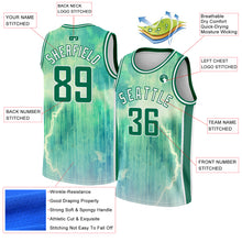 Laden Sie das Bild in den Galerie-Viewer, Custom Pea Green Kelly Green-White Abstract Watercolor Monsoon Authentic City Edition Basketball Jersey
