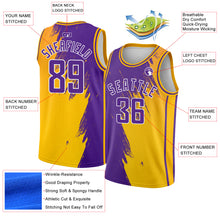 Laden Sie das Bild in den Galerie-Viewer, Custom Gold Purple-White Abstract Brush Splash Authentic City Edition Basketball Jersey
