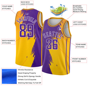 Custom Gold Purple-White Abstract Brush Splash Authentic City Edition Basketball Jersey