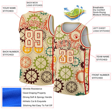 Custom Cream Red 3D Pattern Design Vintage Gears Authentic Basketball Jersey