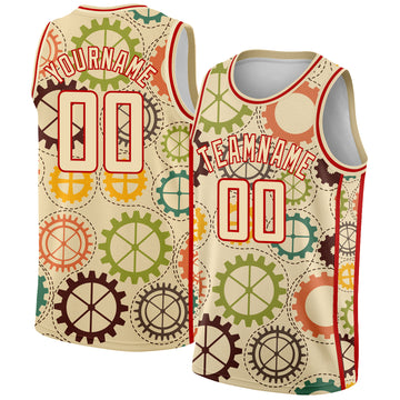 Custom Cream Red 3D Pattern Design Vintage Gears Authentic Basketball Jersey