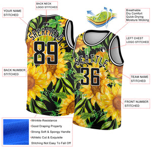 Custom Black Gold-White 3D Pattern Design Sunflowers Authentic Basketball Jersey