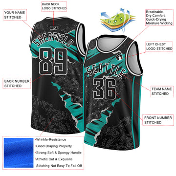 Custom Black Aqua-White 3D Pattern Design Torn Paper Style Authentic Basketball Jersey