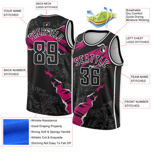 Custom Black Deep Pink-White 3D Pattern Design Torn Paper Style Authentic Basketball Jersey