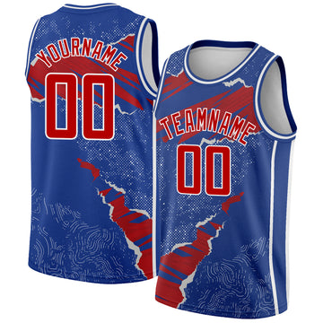 Custom Royal Red-White 3D Pattern Design Torn Paper Style Authentic Basketball Jersey