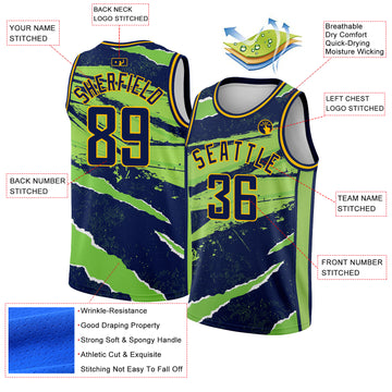 Custom Navy Neon Green-Gold 3D Pattern Design Torn Paper Style Authentic Basketball Jersey