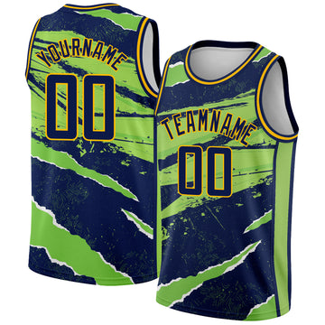 Custom Navy Neon Green-Gold 3D Pattern Design Torn Paper Style Authentic Basketball Jersey