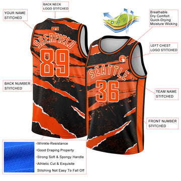 Custom Black Orange-White 3D Pattern Design Torn Paper Style Authentic Basketball Jersey