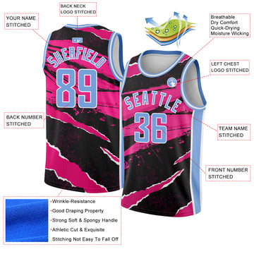 Custom Black Light Blue-Pink 3D Pattern Design Torn Paper Style Authentic Basketball Jersey