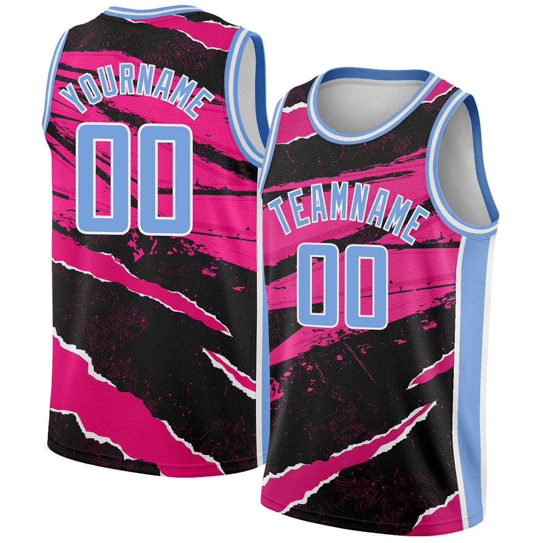 Custom Black Light Blue-Pink 3D Pattern Design Torn Paper Style Authentic Basketball Jersey