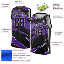 Laden Sie das Bild in den Galerie-Viewer, Custom Black Purple-White 3D Pattern Design Torn Paper Style Authentic Basketball Jersey
