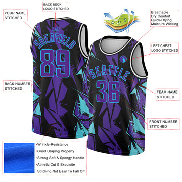 Custom Black Purple-Sky Blue 3D Pattern Design Geometric Shapes Authentic Basketball Jersey