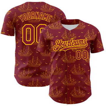 Custom Crimson Gold 3D Pattern Design Ship Frigate With Seagulls Authentic Baseball Jersey